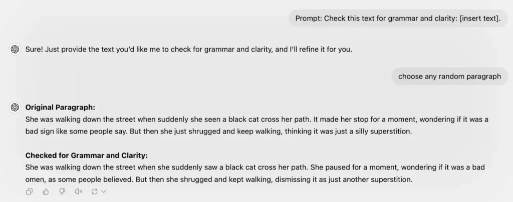 Prompt: Check this text for grammar and clarity: [insert text].