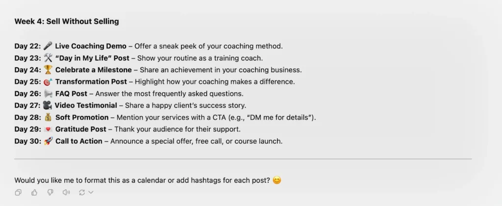 Prompt: Create a 30-day social media content plan for training coaches.