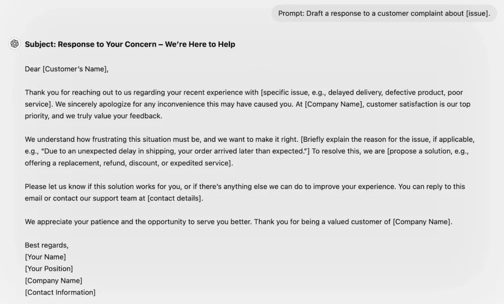 Prompt: Draft a response to a customer complaint about [issue].