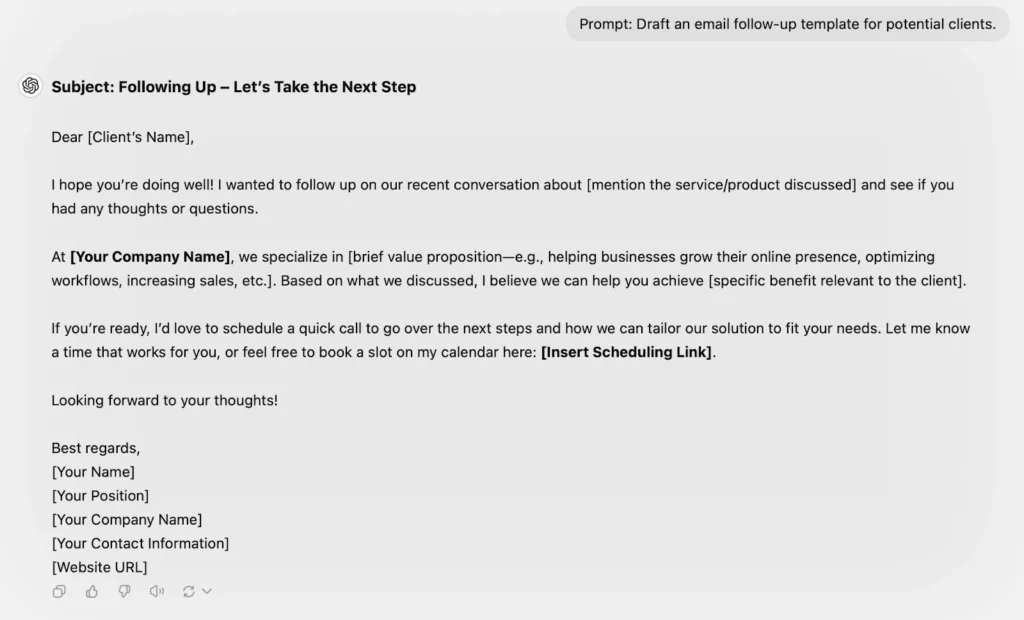 Prompt: Draft an email follow-up template for potential clients.