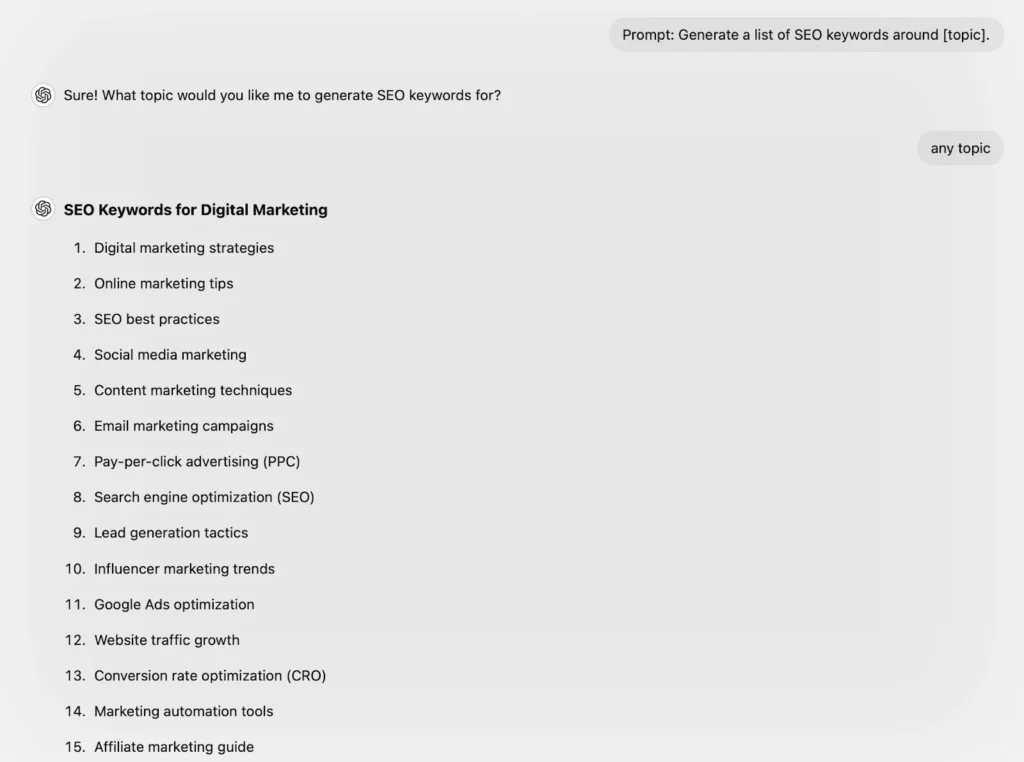 Prompt: Generate a list of SEO keywords around [topic].