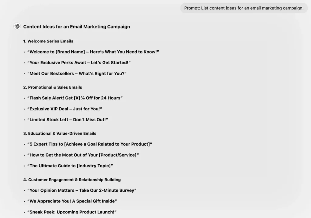 Prompt: List content ideas for an email marketing campaign.