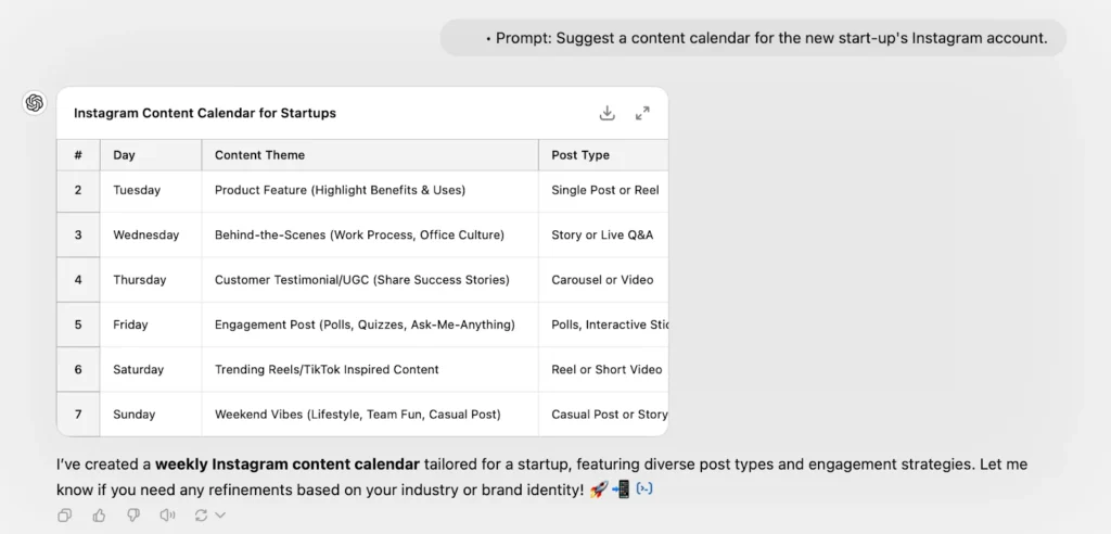 Prompt: Suggest a content calendar for the new start-up's Instagram account.