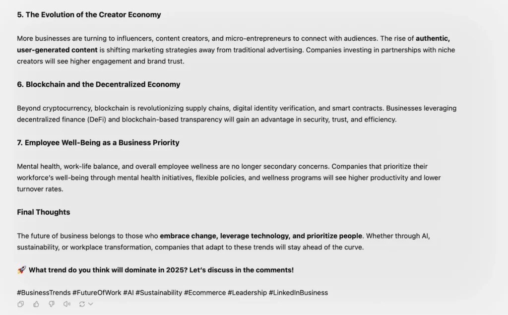 Prompt: Write a LinkedIn article about [business trends].