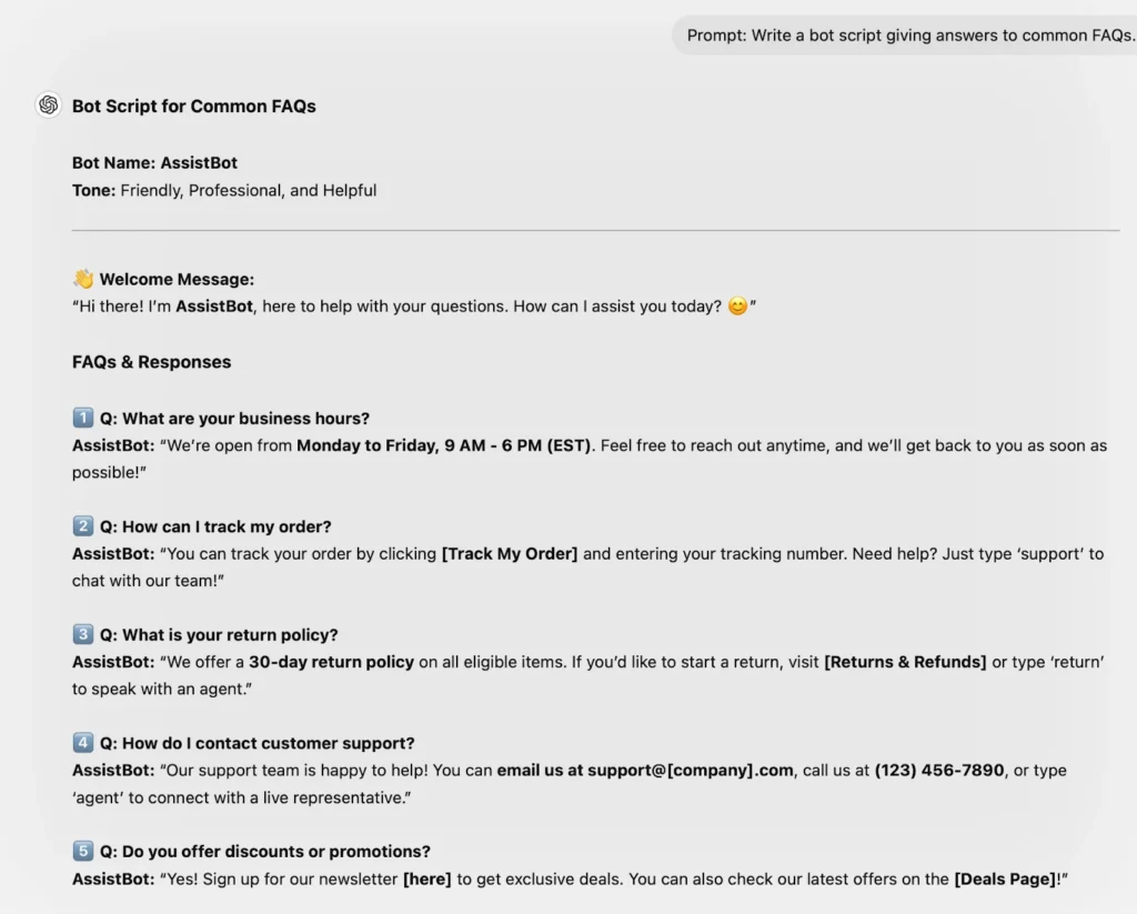 Prompt: Write a bot script giving answers to common FAQs.