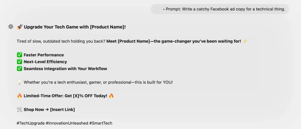 Prompt: Write a catchy Facebook ad copy for a technical thing.